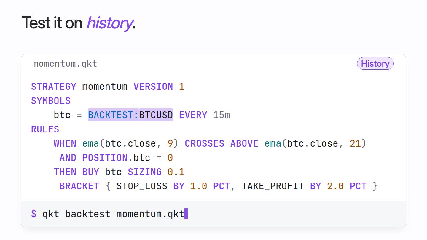 The same strategy file runs three ways. Only the stream line changes, from a backtest source to paper trading to a demo broker account.